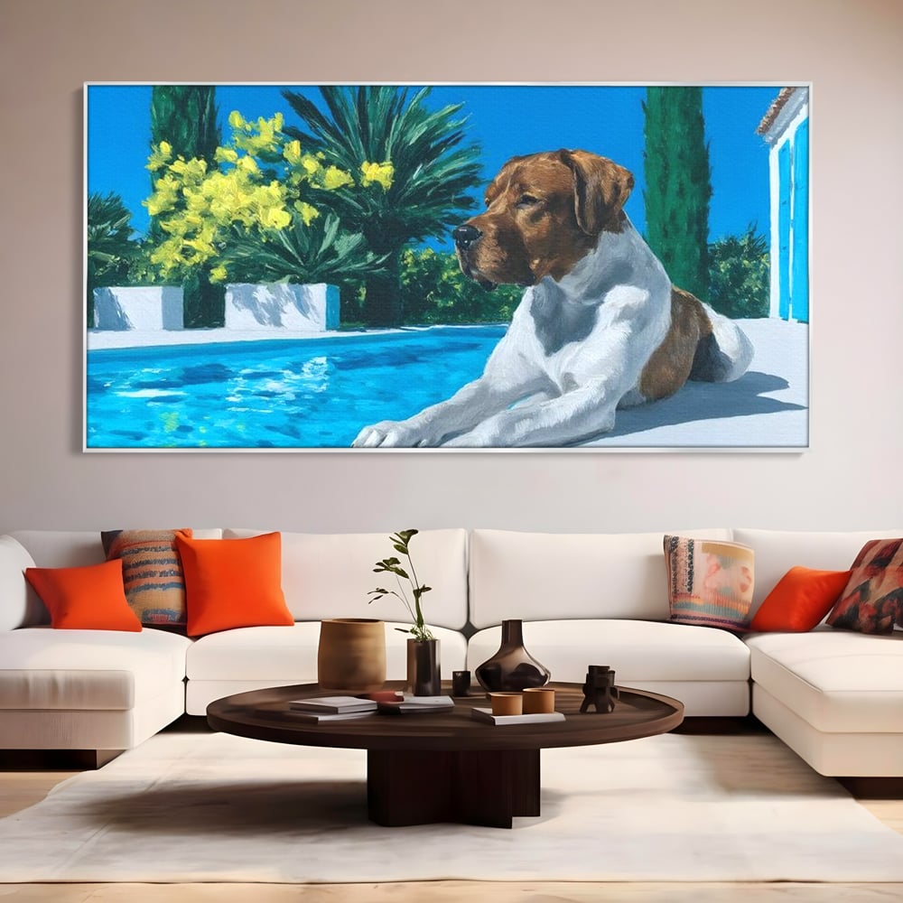 Tablou canvas cu tablou canvas cu caine la piscina, in rama de aluminiu argintiu, pe perete intr-un living